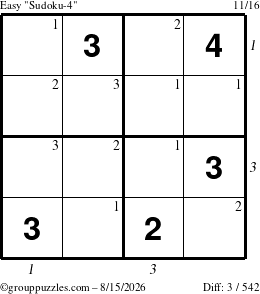The grouppuzzles.com Easy Sudoku-4 puzzle for Saturday August 15, 2026 with all 3 steps marked