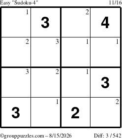 The grouppuzzles.com Easy Sudoku-4 puzzle for Saturday August 15, 2026 with the first 3 steps marked