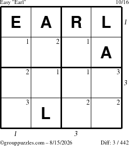 The grouppuzzles.com Easy Earl puzzle for Saturday August 15, 2026, suitable for printing, with all 3 steps marked