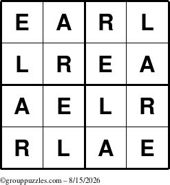 The grouppuzzles.com Answer grid for the Earl puzzle for Saturday August 15, 2026