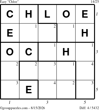 The grouppuzzles.com Easy Chloe puzzle for Saturday August 15, 2026, suitable for printing, with all 4 steps marked