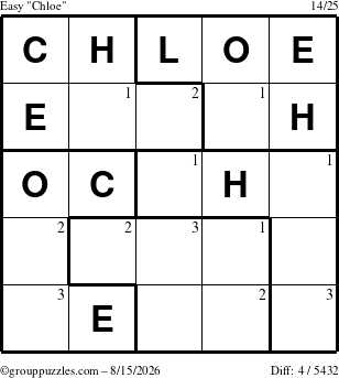 The grouppuzzles.com Easy Chloe puzzle for Saturday August 15, 2026 with the first 3 steps marked