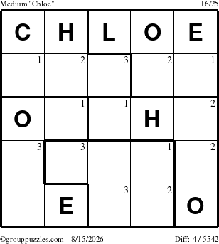 The grouppuzzles.com Medium Chloe puzzle for Saturday August 15, 2026 with the first 3 steps marked