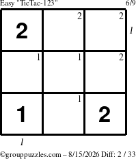 The grouppuzzles.com Easy TicTac-123 puzzle for Saturday August 15, 2026, suitable for printing, with all 2 steps marked