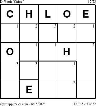 The grouppuzzles.com Difficult Chloe puzzle for Saturday August 15, 2026 with the first 3 steps marked