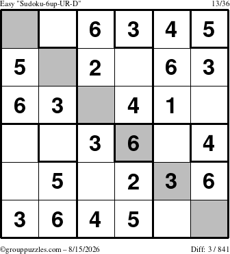 The grouppuzzles.com Easy Sudoku-6up-UR-D puzzle for Saturday August 15, 2026