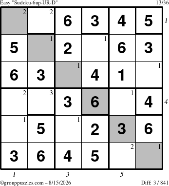 The grouppuzzles.com Easy Sudoku-6up-UR-D puzzle for Saturday August 15, 2026 with all 3 steps marked