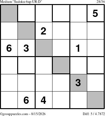 The grouppuzzles.com Medium Sudoku-6up-UR-D puzzle for Saturday August 15, 2026