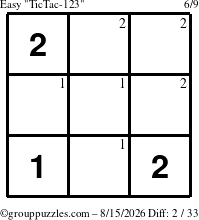 The grouppuzzles.com Easy TicTac-123 puzzle for Saturday August 15, 2026 with the first 2 steps marked