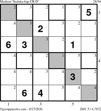 The grouppuzzles.com Medium Sudoku-6up-UR-D puzzle for Saturday August 15, 2026, suitable for printing, with all 5 steps marked