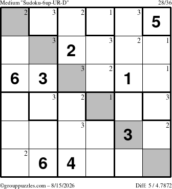 The grouppuzzles.com Medium Sudoku-6up-UR-D puzzle for Saturday August 15, 2026 with the first 3 steps marked