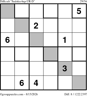 The grouppuzzles.com Difficult Sudoku-6up-UR-D puzzle for Saturday August 15, 2026