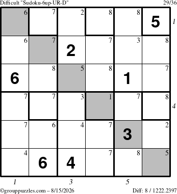 The grouppuzzles.com Difficult Sudoku-6up-UR-D puzzle for Saturday August 15, 2026 with all 8 steps marked