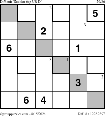 The grouppuzzles.com Difficult Sudoku-6up-UR-D puzzle for Saturday August 15, 2026 with the first 3 steps marked