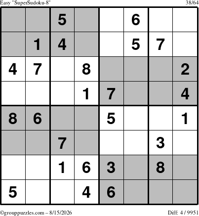 The grouppuzzles.com Easy SuperSudoku-8 puzzle for Saturday August 15, 2026