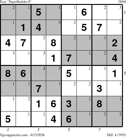 The grouppuzzles.com Easy SuperSudoku-8 puzzle for Saturday August 15, 2026 with all 4 steps marked