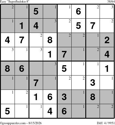 The grouppuzzles.com Easy SuperSudoku-8 puzzle for Saturday August 15, 2026 with the first 3 steps marked