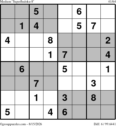 The grouppuzzles.com Medium SuperSudoku-8 puzzle for Saturday August 15, 2026