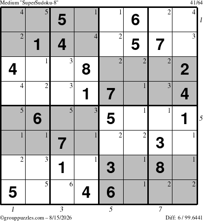 The grouppuzzles.com Medium SuperSudoku-8 puzzle for Saturday August 15, 2026 with all 6 steps marked