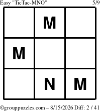 The grouppuzzles.com Easy TicTac-MNO puzzle for Saturday August 15, 2026