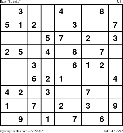 The grouppuzzles.com Easy Sudoku puzzle for Saturday August 15, 2026