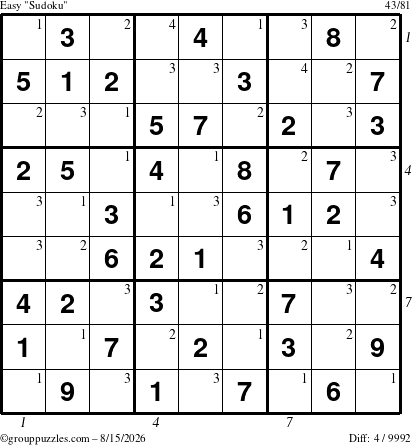The grouppuzzles.com Easy Sudoku puzzle for Saturday August 15, 2026 with all 4 steps marked