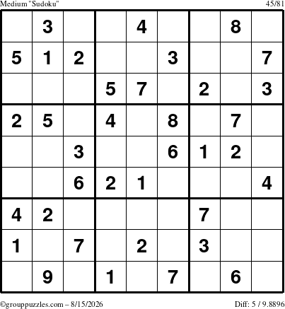 The grouppuzzles.com Medium Sudoku puzzle for Saturday August 15, 2026
