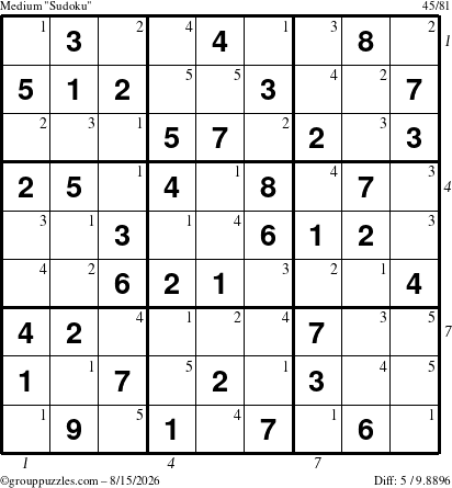 The grouppuzzles.com Medium Sudoku puzzle for Saturday August 15, 2026, suitable for printing, with all 5 steps marked
