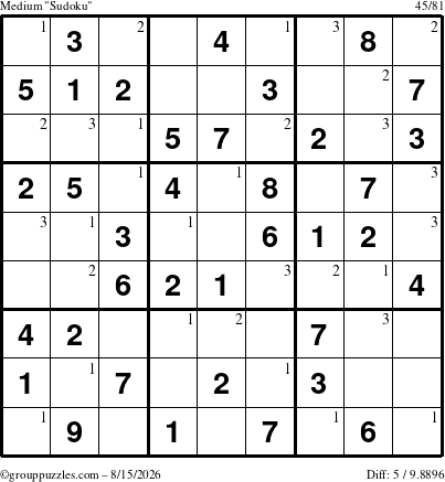 The grouppuzzles.com Medium Sudoku puzzle for Saturday August 15, 2026 with the first 3 steps marked