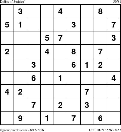 The grouppuzzles.com Difficult Sudoku puzzle for Saturday August 15, 2026