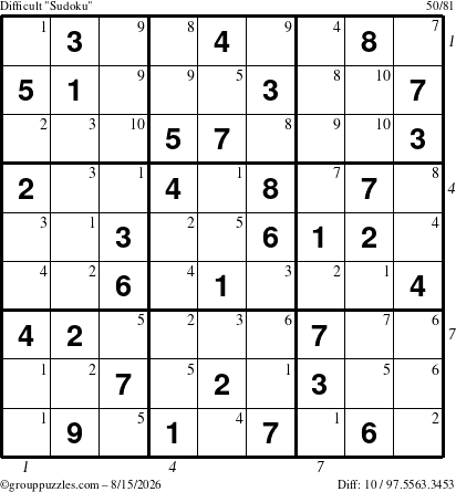 The grouppuzzles.com Difficult Sudoku puzzle for Saturday August 15, 2026 with all 10 steps marked