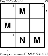 The grouppuzzles.com Easy TicTac-MNO puzzle for Saturday August 15, 2026 with all 2 steps marked