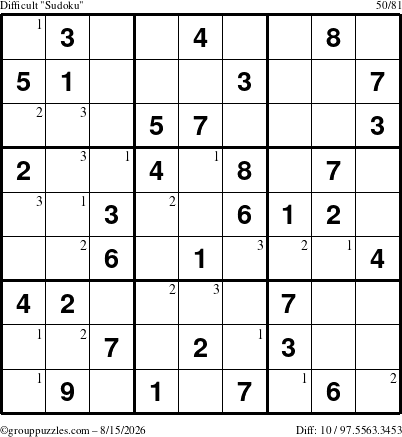 The grouppuzzles.com Difficult Sudoku puzzle for Saturday August 15, 2026 with the first 3 steps marked