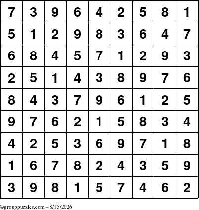 The grouppuzzles.com Answer grid for the Sudoku puzzle for Saturday August 15, 2026
