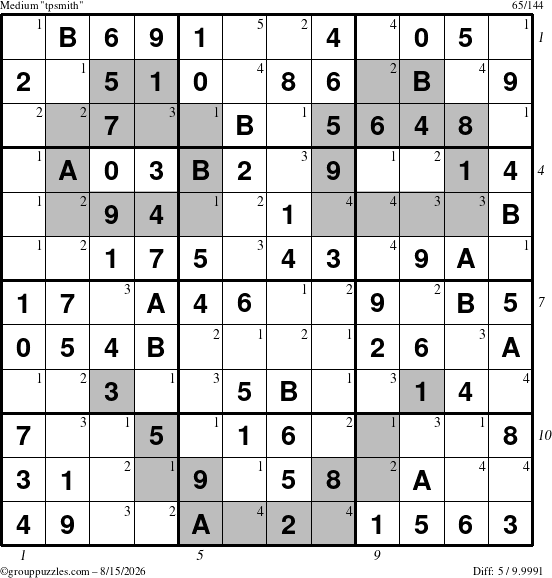 The grouppuzzles.com Medium tpsmith puzzle for Saturday August 15, 2026, suitable for printing, with all 5 steps marked