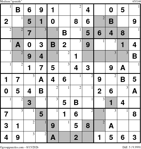 The grouppuzzles.com Medium tpsmith puzzle for Saturday August 15, 2026 with the first 3 steps marked