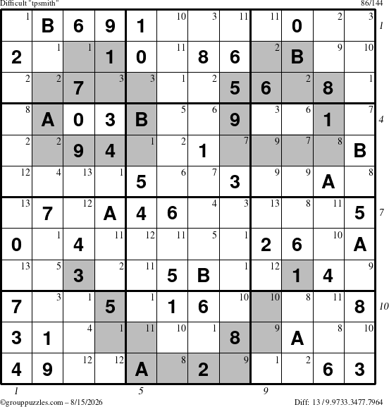The grouppuzzles.com Difficult tpsmith puzzle for Saturday August 15, 2026 with all 13 steps marked