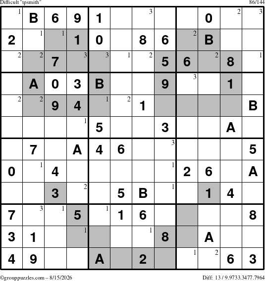 The grouppuzzles.com Difficult tpsmith puzzle for Saturday August 15, 2026 with the first 3 steps marked