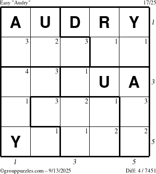 The grouppuzzles.com Easy Audry puzzle for Saturday September 13, 2025, suitable for printing, with all 4 steps marked