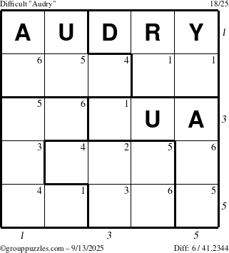 The grouppuzzles.com Difficult Audry puzzle for Saturday September 13, 2025, suitable for printing, with all 6 steps marked