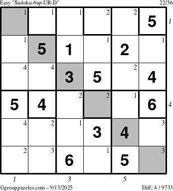The grouppuzzles.com Easy Sudoku-6up-UR-D puzzle for Saturday September 13, 2025, suitable for printing, with all 4 steps marked
