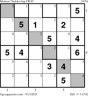 The grouppuzzles.com Medium Sudoku-6up-UR-D puzzle for Saturday September 13, 2025, suitable for printing, with all 5 steps marked