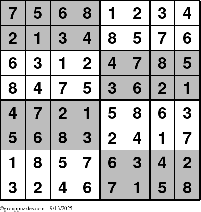 The grouppuzzles.com Answer grid for the SuperSudoku-8 puzzle for Saturday September 13, 2025