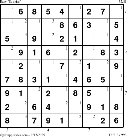 The grouppuzzles.com Easy Sudoku puzzle for Saturday September 13, 2025, suitable for printing, with all 3 steps marked