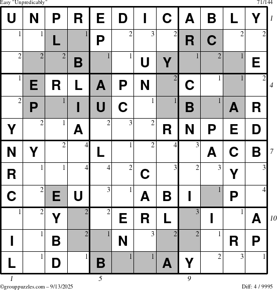 The grouppuzzles.com Easy Unpredicably puzzle for Saturday September 13, 2025 with all 4 steps marked