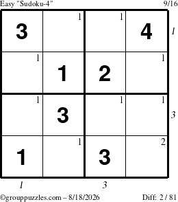 The grouppuzzles.com Easy Sudoku-4 puzzle for Tuesday August 18, 2026 with all 2 steps marked