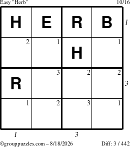 The grouppuzzles.com Easy Herb puzzle for Tuesday August 18, 2026, suitable for printing, with all 3 steps marked