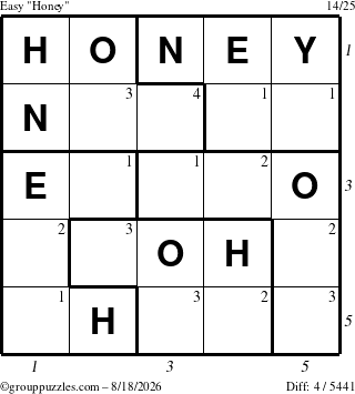 The grouppuzzles.com Easy Honey puzzle for Tuesday August 18, 2026, suitable for printing, with all 4 steps marked