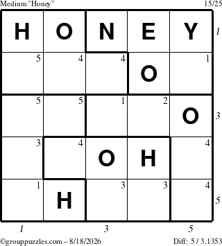 The grouppuzzles.com Medium Honey puzzle for Tuesday August 18, 2026 with all 5 steps marked