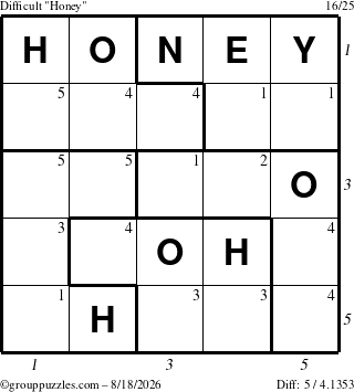 The grouppuzzles.com Difficult Honey puzzle for Tuesday August 18, 2026, suitable for printing, with all 5 steps marked